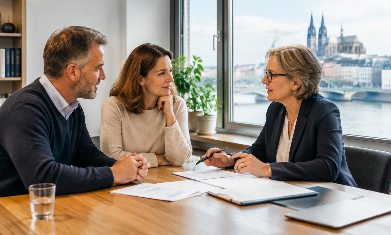 Finanzberaterin bespricht mit einem Paar Unterlagen an einem Holztisch in einem hellen Büro