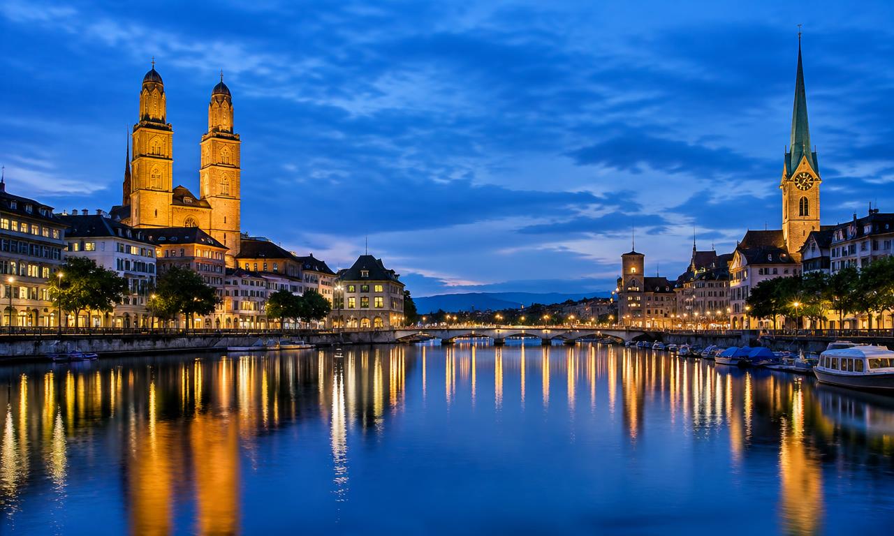 Zürcher Altstadt mit Grossmünster und Fraumünster an der Limmat zur blauen Stunde