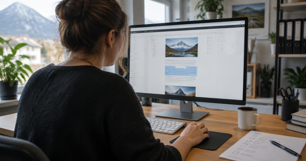 Mitarbeiterin fügt am Bildschirm einen fertigen Textbaustein in ihre Website ein